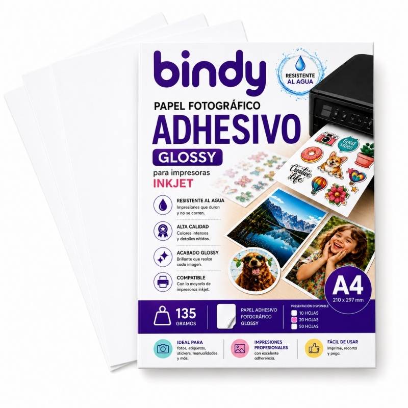 Papel Fotográfico Adhesivo Glossy A4 135gr Bindy (20 Hojas)
