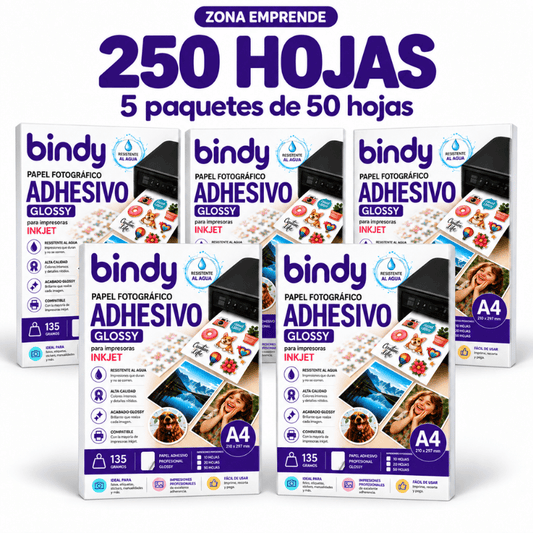 Cinco paquetes de papel fotográfico adhesivo glossy A4 Bindy