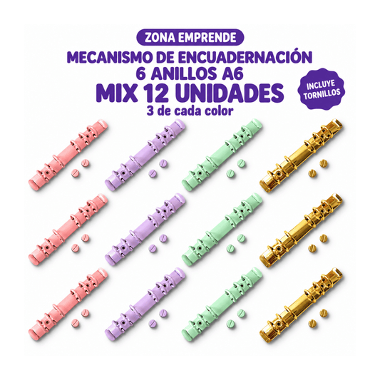 Doce mecanismos de encuadernación de 6 argollas A6 en colores surtidos