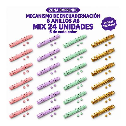 Veinticuatro mecanismos de encuadernación de 6 argollas A6 en colores surtidos