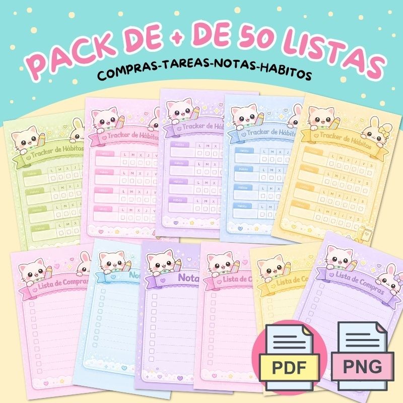 Pack de Listas /+50 Diseños (Compras, Tareas, Notas y Hábitos) | PNG
