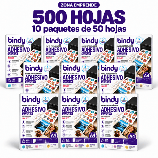 Diez paquetes de papel fotográfico adhesivo glossy A4 Bindy