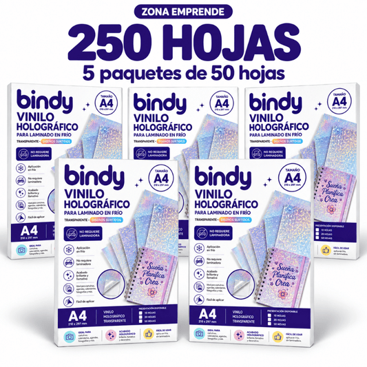 Cinco paquetes de vinilo holográfico transparente para laminado en frío Bindy