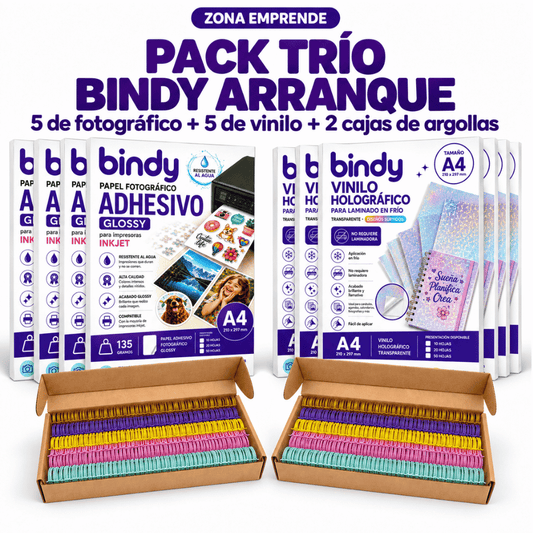 Pack Trío Bindy Arranque con papel fotográfico, vinilo holográfico y argollas