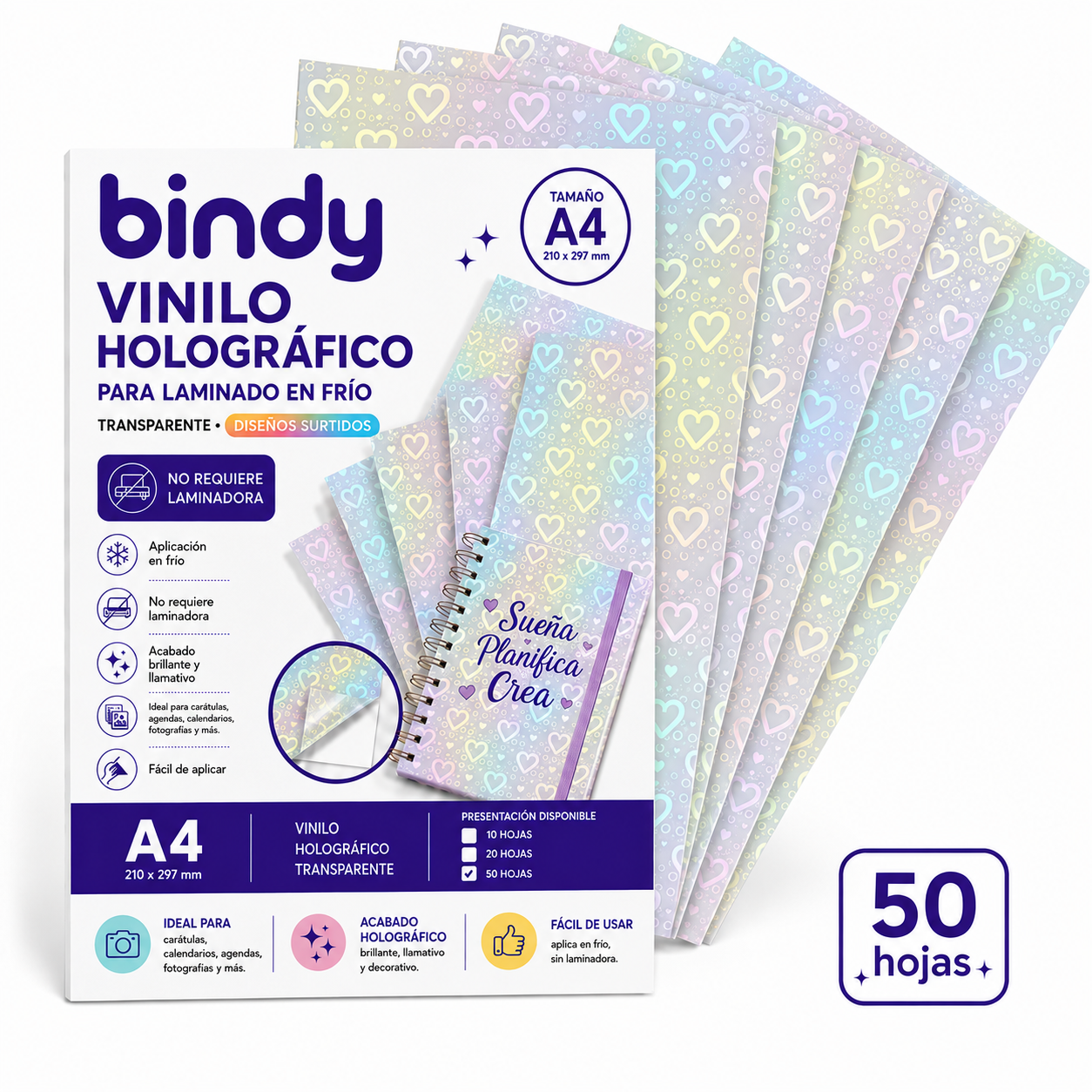 Laminado en Frío Vinilo Holográfico Transparente Corazones Bindy (50 Hojas)