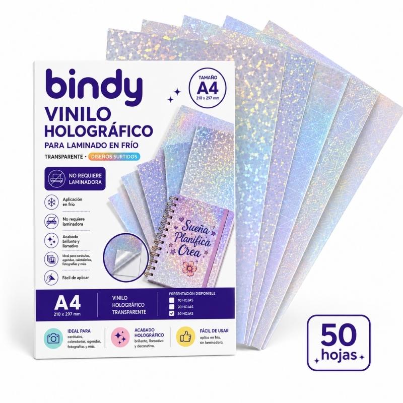 Laminado en Frío Vinilo Holográfico Transparente Bindy (50 Hojas)