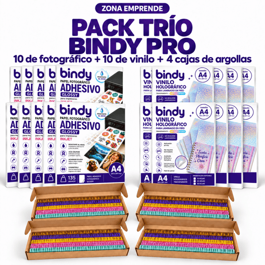 Pack Trío Bindy Pro con papel fotográfico, vinilo holográfico y argollas