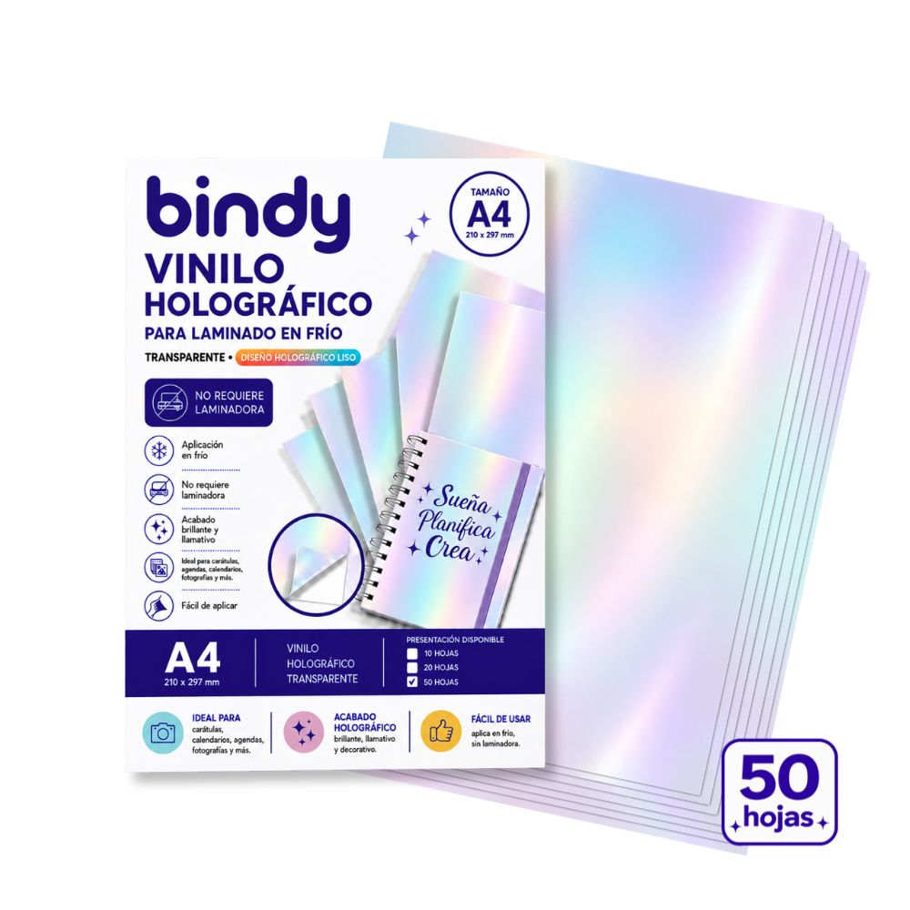 Vinilo Transparente Brillante Laminado en Frío Bindy A4 (50 Hojas)