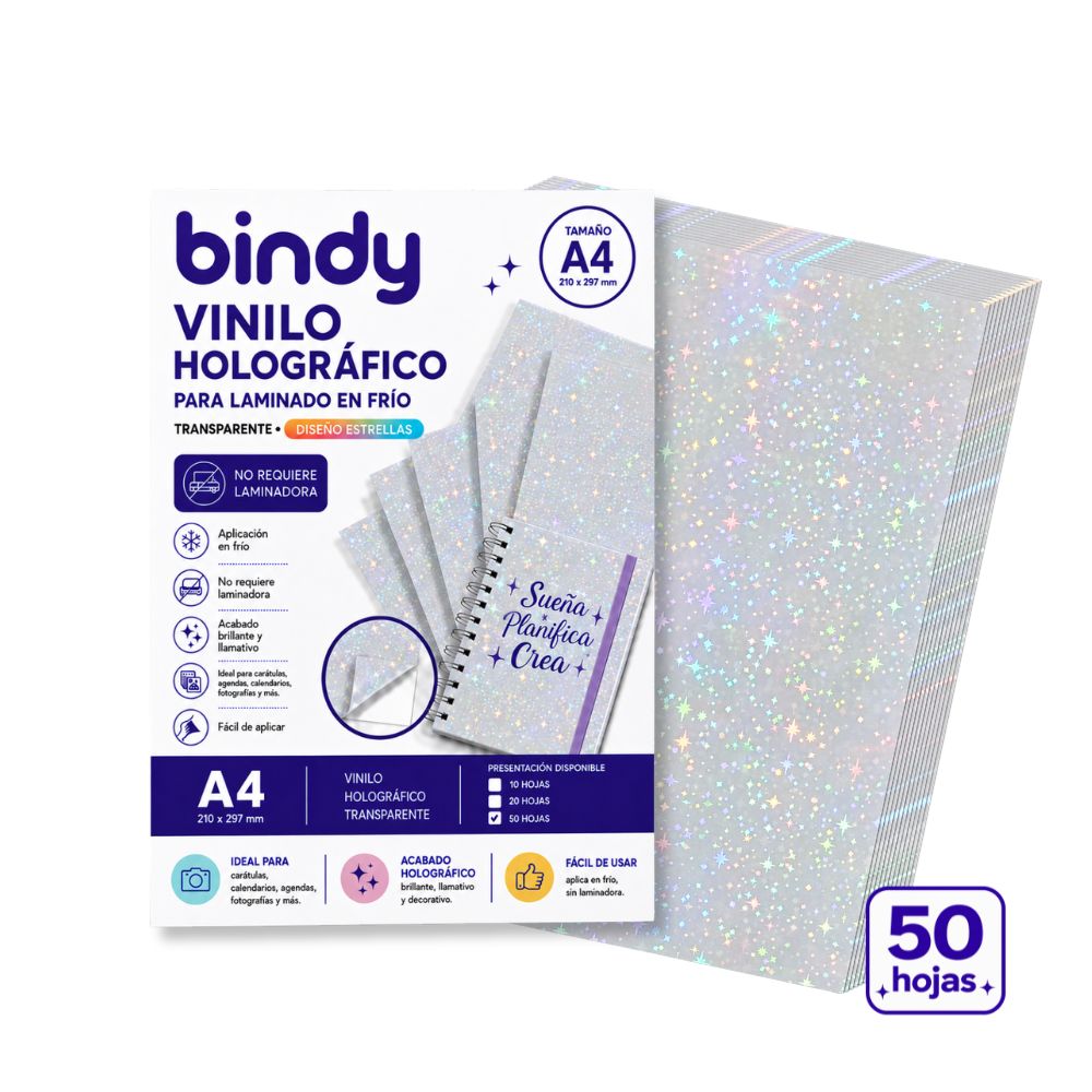 Laminado en Frío Vinilo Holográfico Transparente Estrellas Bindy (50 Hojas)