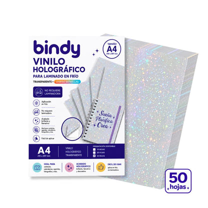 Laminado en Frío Vinilo Holográfico Transparente Estrellas Bindy (50 Hojas)