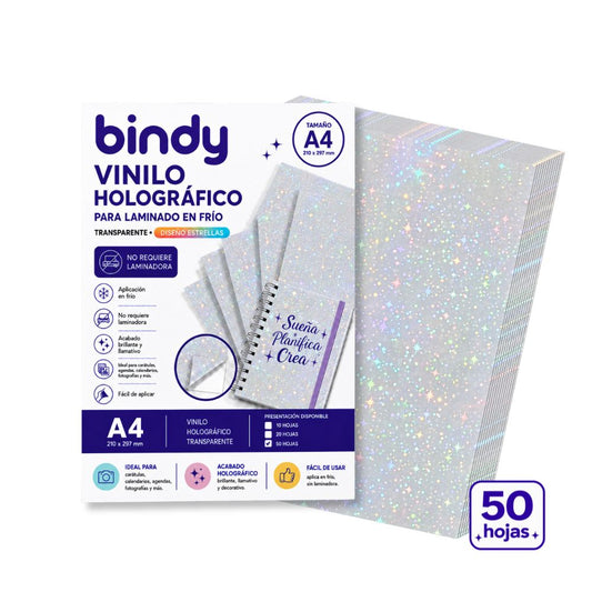 Laminado en Frío Vinilo Holográfico Transparente Estrellas Bindy (50 Hojas)