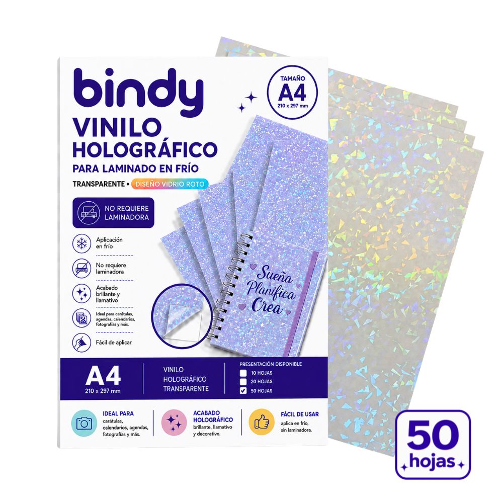 Laminado en Frío Vinilo Holográfico Transparente Cristal Roto Bindy (50 Hojas)