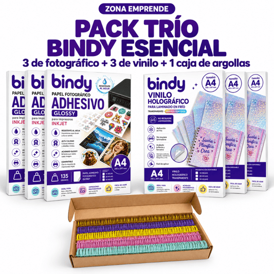 Pack Trío Bindy Esencial con papel fotográfico, vinilo holográfico y argollas